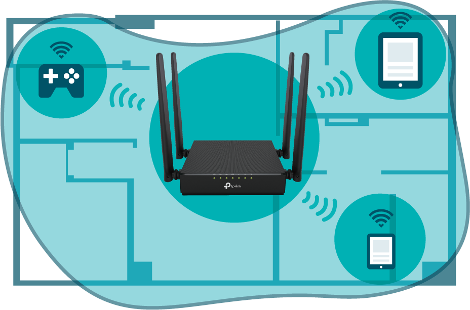 Illustration of a Wi-Fi router in the center of a house layout, with signal waves extending to connected devices, including a gaming console, tablet, and smartphone.